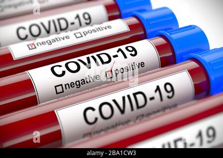 Illustrazione 3D delle provette per analisi del sangue con COVID-19 positivo al centro. Concetto per campione di laboratorio di analisi del sangue per la diagnosi del nuovo Foto Stock