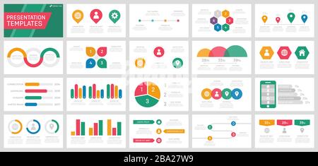 Set di elementi arancione, rosso, verde e blu per le diapositive dei modelli di presentazione multiuso con grafici e grafici. Illustrazione Vettoriale