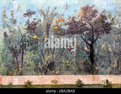 Roma. Italia. Affresco raffigurante scene di un giardino di Villa Livia di prima porta, i sec. d.C., Palazzo massimo alle Terme, Museo Nazionale Romano Foto Stock