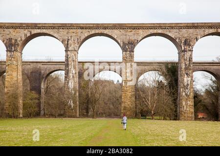 Una sola persona che cammina verso l'acquedotto di Thomas Telford che porta il canale Llangollen sulla valle del Ceiriog e il viadotto ferroviario a Chirk Foto Stock