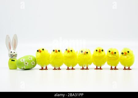Carino piccoli pulcini pasquali in piedi in una fila con coniglietto pasquale e uovo Foto Stock