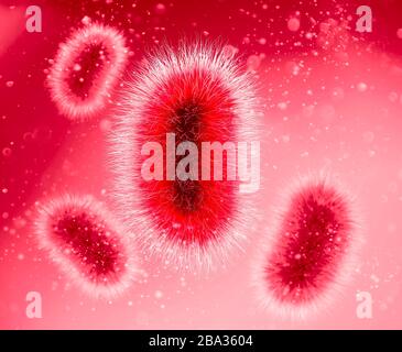 I batteri sono un tipo di cellula biologica. Microrganismi, duplicazione e propagazione. Formazione di batteri e microrganismi visti sotto un microscopio Foto Stock