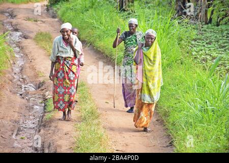 Tre donne anziane africane, due delle quali a piedi nudi e un bambino dietro di esse, camminano su una strada sterrata stretta in Ruanda, Africa orientale Foto Stock