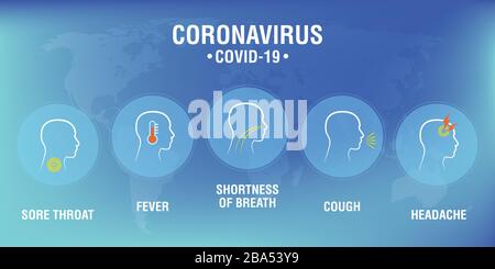 Coronavirus Covid 19, Infografica con sintomi. Il virus attacca le vie respiratorie. Pandemia mondiale di salute medica. L'uomo sta mostrando coronaviru Illustrazione Vettoriale