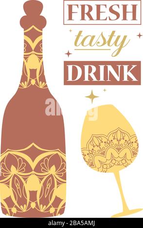 Bottiglia di colore marrone scuro e bicchiere con angela e birra. Vettore Illustrazione Vettoriale