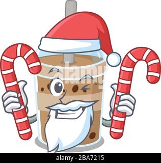 Amichevole bolla di cioccolato tè nel carattere Santa Cartoon con caramelle Illustrazione Vettoriale