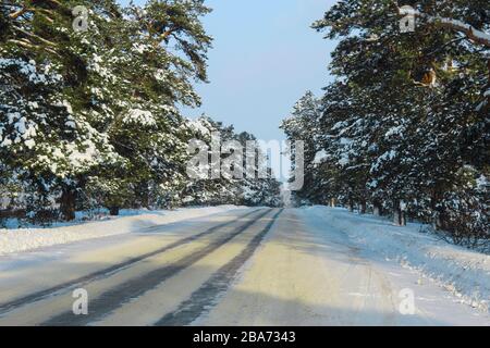 Inverno strada innevata attraverso la foresta Foto Stock