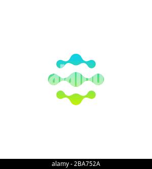 Molecola astratta o icona di rete, cerchi di connessione verdi e blu. Modello con logo punteggiato, emblema astratto piatto. Design del logotipo concettuale per il business Illustrazione Vettoriale