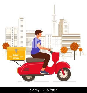 Consegna uomo in sella scooter rosso in città Illustrazione Vettoriale