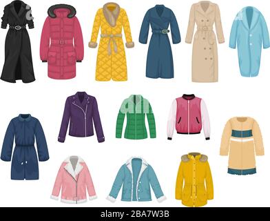 Set di outerwear da donna flat Vector. Trench, impermeabile, soprabito, trapuntato, bomber, pelliccia, cappotto in pelle di pecora, giacca in pelle. Illustrazione Vettoriale