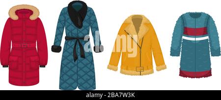 Set di outerwear da donna flat Vector. Cappotto in pelle di pecora, cappotto in pelliccia sintetica, giacca in piumino, cappotto trapuntato. Illustrazione Vettoriale