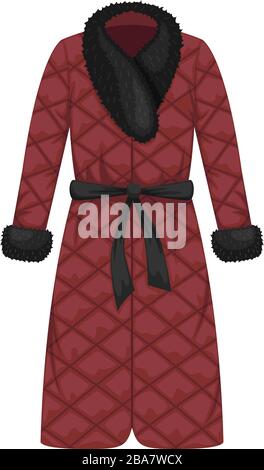 Cappotto da donna con trapuntatura vettoriale piatta e colletto in pelliccia. Abbigliamento da donna. Illustrazione Vettoriale