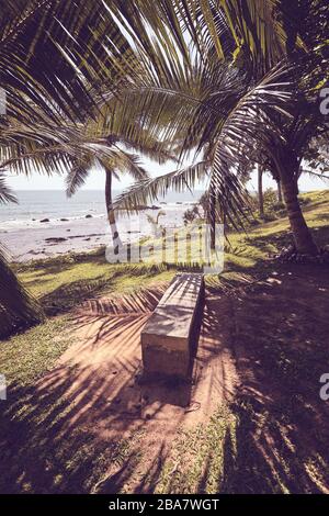 Panca vista mare in ombra palme, colore applicato. Foto Stock