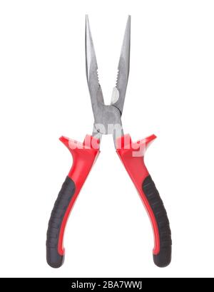 Pinza aperta con manici rossi isolati su fondo bianco Foto Stock