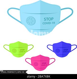 Maschera colorata per la protezione del virus Corona (Covid-19). Maschera protettiva Stop Covid-19 isolata su bianco. Illustrazione vettoriale Illustrazione Vettoriale