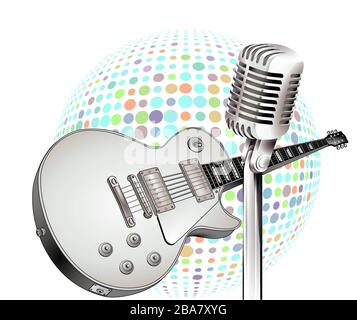 Microfono con chitarra elettrica, vintage - illustrazione vettoriale Illustrazione Vettoriale