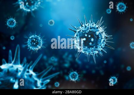 Illustrazione del rendering 3D di cellule virali generiche microscopiche su sfondo blu. Microbiologia, contagio, infezione, epidemia, coronavirus, medicina, pa Foto Stock