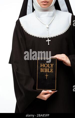 vista ritagliata di un suino che tiene la bibbia santa isolato su bianco Foto Stock