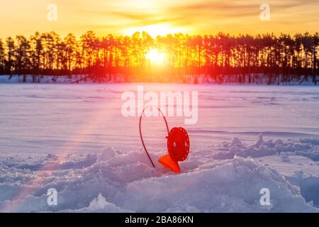 pesca in inverno pesca accessori canna per la pesca in inverno Foto Stock