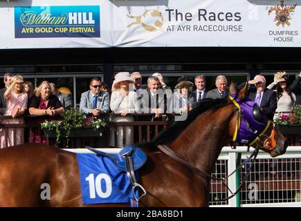 Il Principe di Galles e la Duchessa di Cornovaglia si guardano mentre il proiettore passa davanti al loro stand dopo aver sroteato il suo pilota prima dell'inizio della Stena Line Nursery handicap picchetti Foto Stock