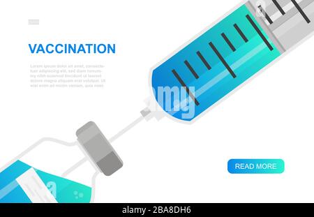 Vaccino, sito web landing page modello concetto. Illustrazione vettoriale con siringa e flaconcino. Illustrazione Vettoriale