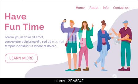 Buon divertimento tempo landing page modello vettoriale. Idea di interfaccia del sito Web dei Millennial con illustrazioni piatte. Layout della homepage di blogging. Stile di vita degli anni dell'adolescenza web Illustrazione Vettoriale