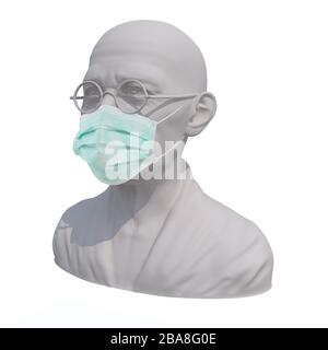 Scultura Mahatma Gandhi con maschera chirurgo, illustrazione 3d Foto Stock