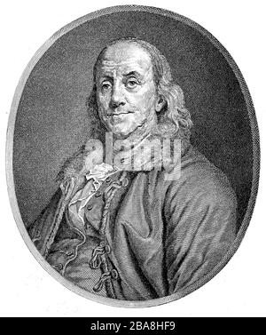 Benjamin Franklin, 17 gennaio 1706 - 17 aprile 1790, è stato un . 17 Gennaio 1706 - 17. Aprile 1790, guerra ein amerikanischer Drucker, Verleger, Schriftsteller, Natursenschaftler, Erfinder und Staatsmann, Historisch, riproduzione digitale migliorata di un originale del 19 ° secolo / digitale Reproduktion einer Originalvorlage wisdem 19. Jahrhundert Foto Stock