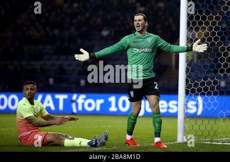 Joe Wildsmith, portiere di Sheffield Wednesday, si appella all'uomo di linea dopo che Gabriel Jesus (a sinistra) di Manchester City ha girato il traguardo Foto Stock