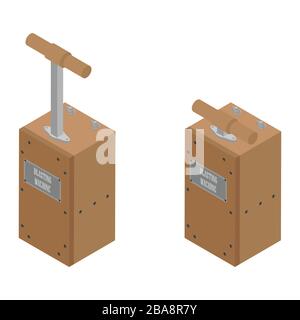Scatole detonatore. Macchina per sabbiatura isolata su sfondo bianco. Attenzione esplosivo. Le scatole dello stantuffo del detonatore spingono verso l'alto e verso il basso Illustrazione Vettoriale