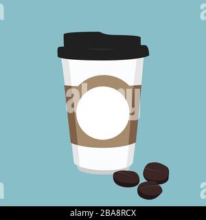 Illustrazione vettoriale icona di una tazza di caffè usa e getta con chicchi di caffè su sfondo blu. Logo della tazza da caffè Illustrazione Vettoriale