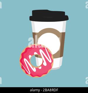 Illustrazione vettoriale icona di una tazza di caffè usa e getta con ciambella rosa su sfondo blu Illustrazione Vettoriale