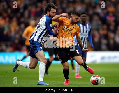 Ruben Neves (a destra) di Wolverhampton Wanderers e Davy Propper di Brighton e Hove Albion combattono per la palla Foto Stock