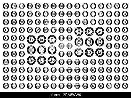 Set completo di icone di tutte le valute del mondo. Nuovi simboli monetari internazionali con codici ISO 4217 e abbreviazioni. Segni rotondi piatti vettoriali neri isolati Illustrazione Vettoriale