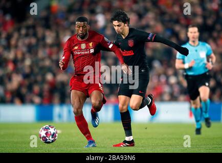 Georginio Wijnaldum di Liverpool (a sinistra) e Sequeira Joao Felix di Atletico Madrid battaglia per il pallone Foto Stock