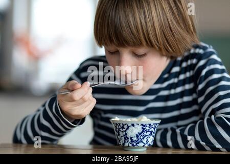 Bambini che mangiano il budino di riso al tavolo della cucina Foto Stock