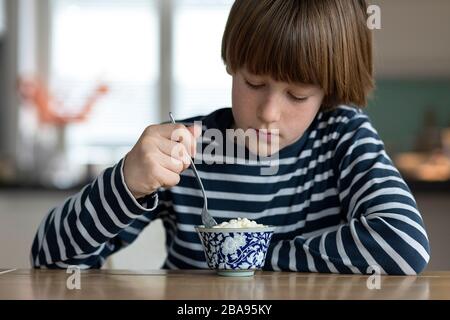 Bambini che mangiano il budino di riso al tavolo della cucina Foto Stock