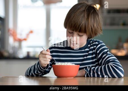 Bambini che mangiano il budino di riso al tavolo della cucina Foto Stock