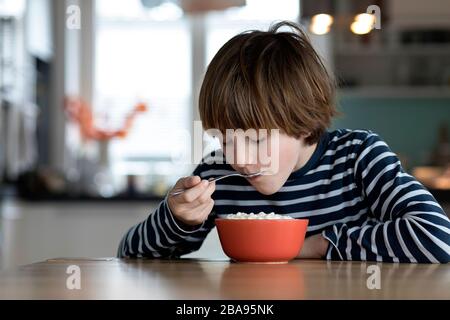 Bambini che mangiano il budino di riso al tavolo della cucina Foto Stock