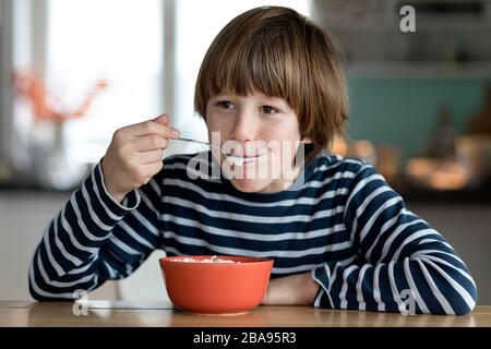 Bambini che mangiano il budino di riso al tavolo della cucina Foto Stock