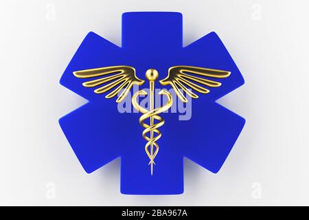 Caduceo medico simbolo isolato su uno sfondo bianco. Icona Caduceo. Concetto per la medicina e lo stile di vita del settore sanitario. Caduceo segno con serpenti su una stella medica. rendering 3d Foto Stock