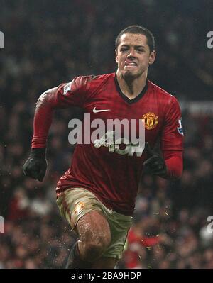 Javier Hernandez del Manchester United celebra il suo quarto obiettivo del gioco Foto Stock