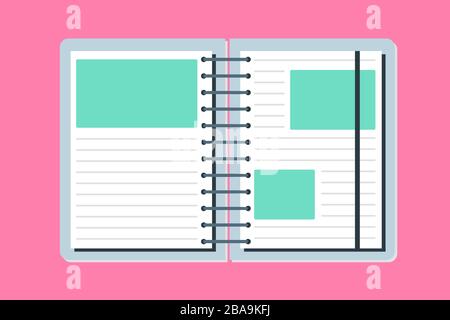 Notebook piatto aperto e carino isolato su sfondo rosa. Illustrazione di un notebook per femminilità con spazio per la copia. Icona del modello vettoriale per il sito Web di progettazione o b Illustrazione Vettoriale
