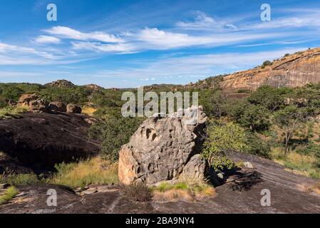 Paesaggi unici nel Parco Nazionale Matobo dello Zimbabwe. Foto Stock