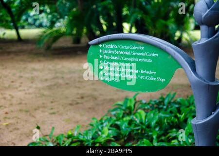 Indicazioni per le attrazioni del Giardino Botanico (Jardim Botanico), zona Sud, Rio de Janeiro, Brasile Foto Stock