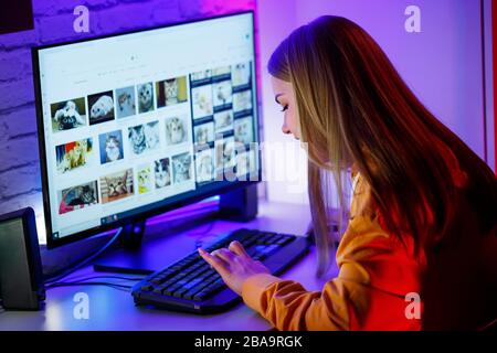 Ragazza freelancer guarda su uno schermo di computer a un gatto. Posto a sedere in un appartamento presso una scrivania per computer Foto Stock
