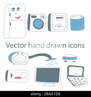 Set vettoriale di elettrodomestici disegnati a mano in stile piatto. Illustrazione Vettoriale