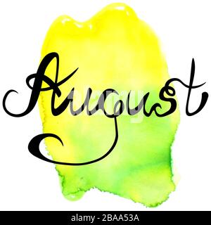 Estate. Agosto. Illustrazione watercolor per un calendario. Lettere, calligrafia. Foto Stock