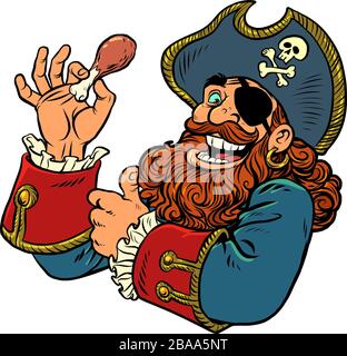 un pirata mangia una coscia di pollo. fast food Illustrazione Vettoriale