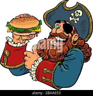 Il carattere divertente dei pirati. Fast food Burger Illustrazione Vettoriale